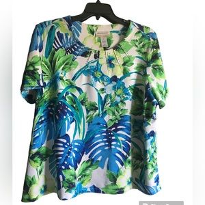 Alfred Dunner Woman 3X Parrot Tropical Green Blue Casual Dressy Short Sleeve Top